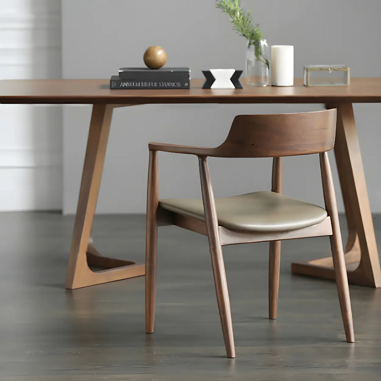 Traditional Low Open Back Wood Armrest Dining Chair Image - 18