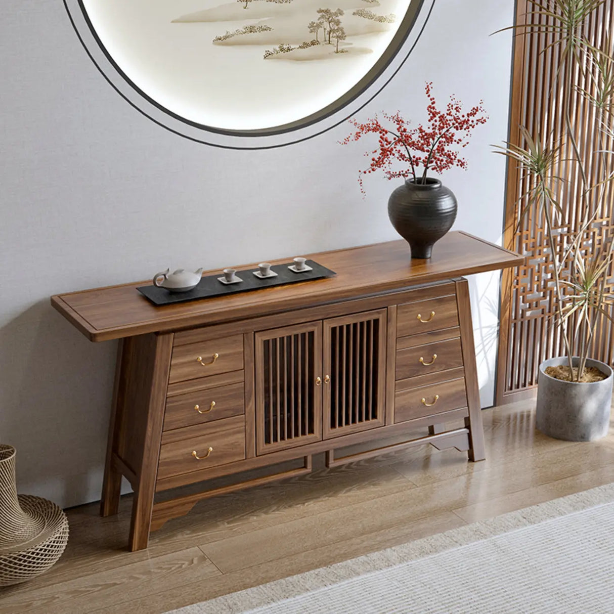 Traditional Rectangular Wood Brown Storage Console Table Image - 15