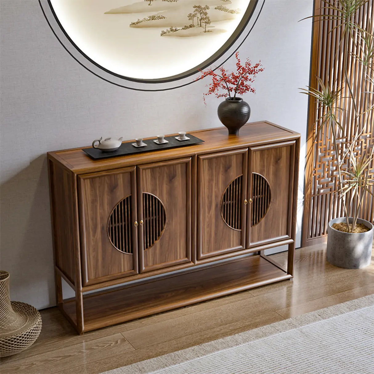Traditional Rectangular Wood Brown Storage Console Table Image - 2
