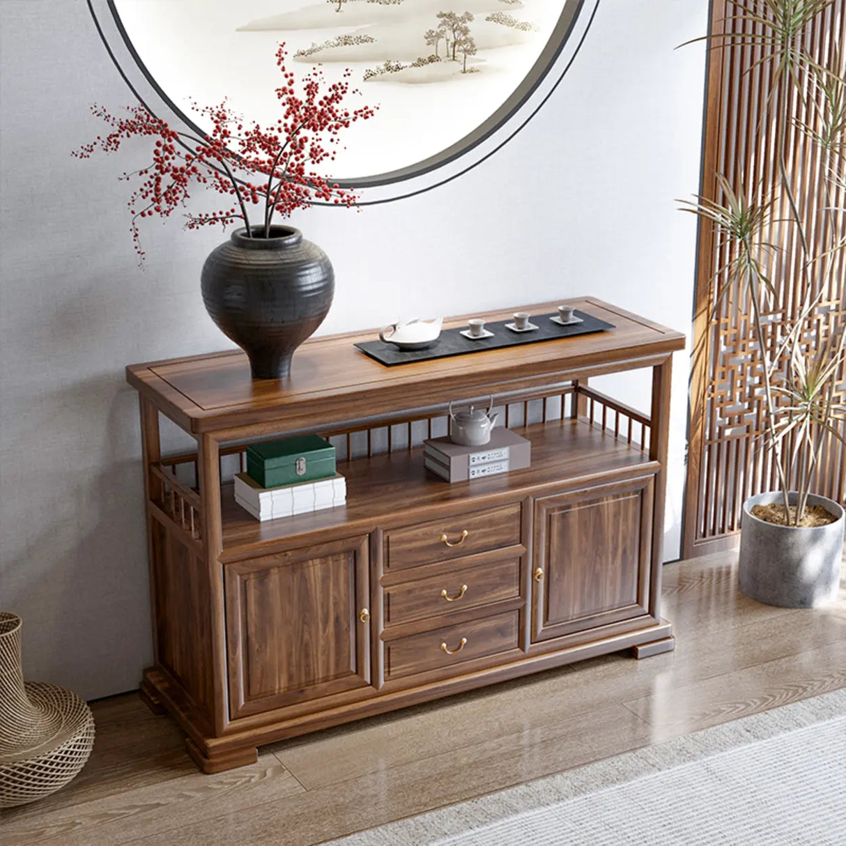 Traditional Rectangular Wood Brown Storage Console Table Image - 7