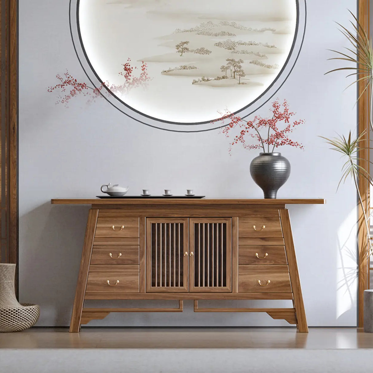 Traditional Rectangular Wood Brown Storage Console Table Image - 11