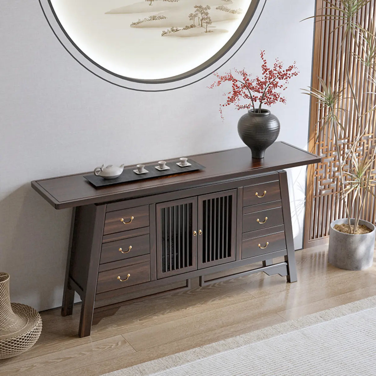 Traditional Rectangular Wood Brown Storage Console Table Image - 13