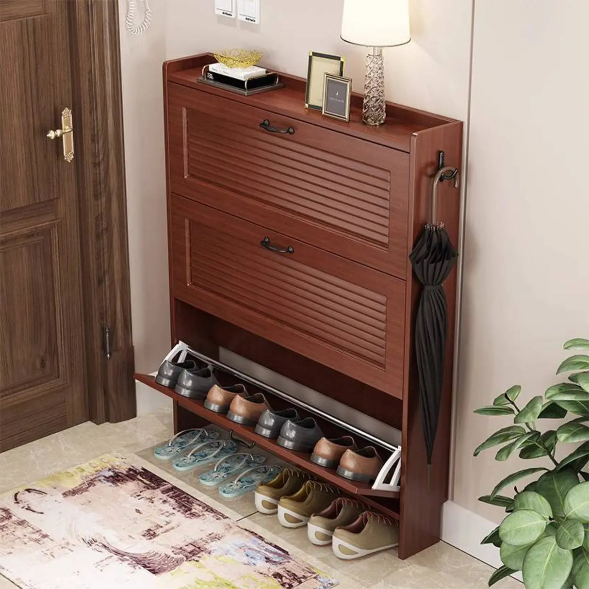 Traditional Rectangular Wood Entryway Brown Shoe Storage Image - 4