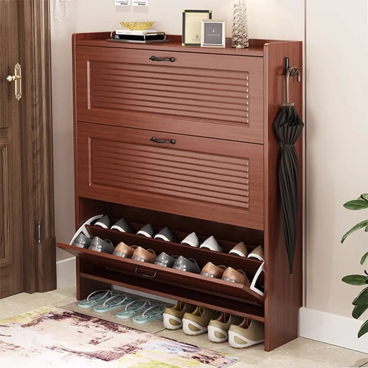 Traditional Rectangular Wood Entryway Brown Shoe Storage Image - 6