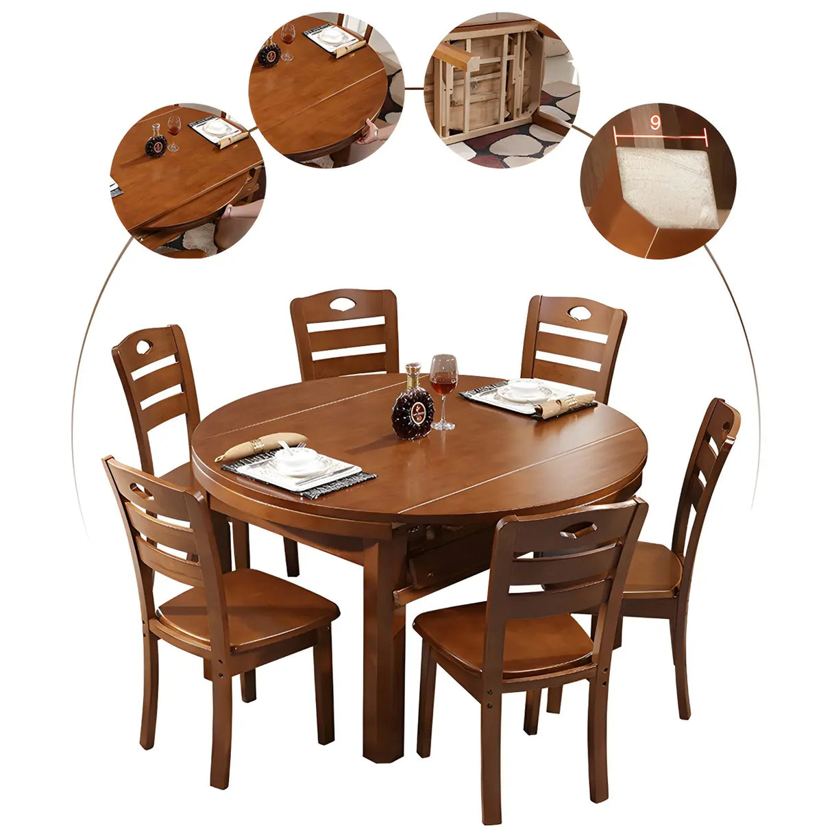 Traditional Round Rubberwood Dining Table Extendable Brown Image - 17