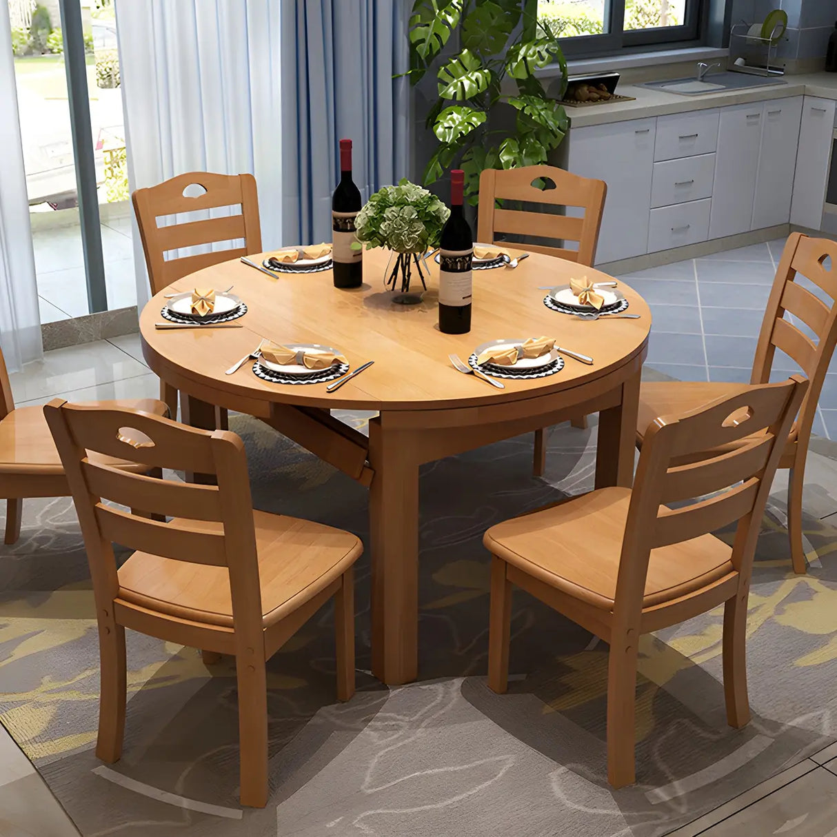 Traditional Round Rubberwood Dining Table Extendable Brown Image - 19