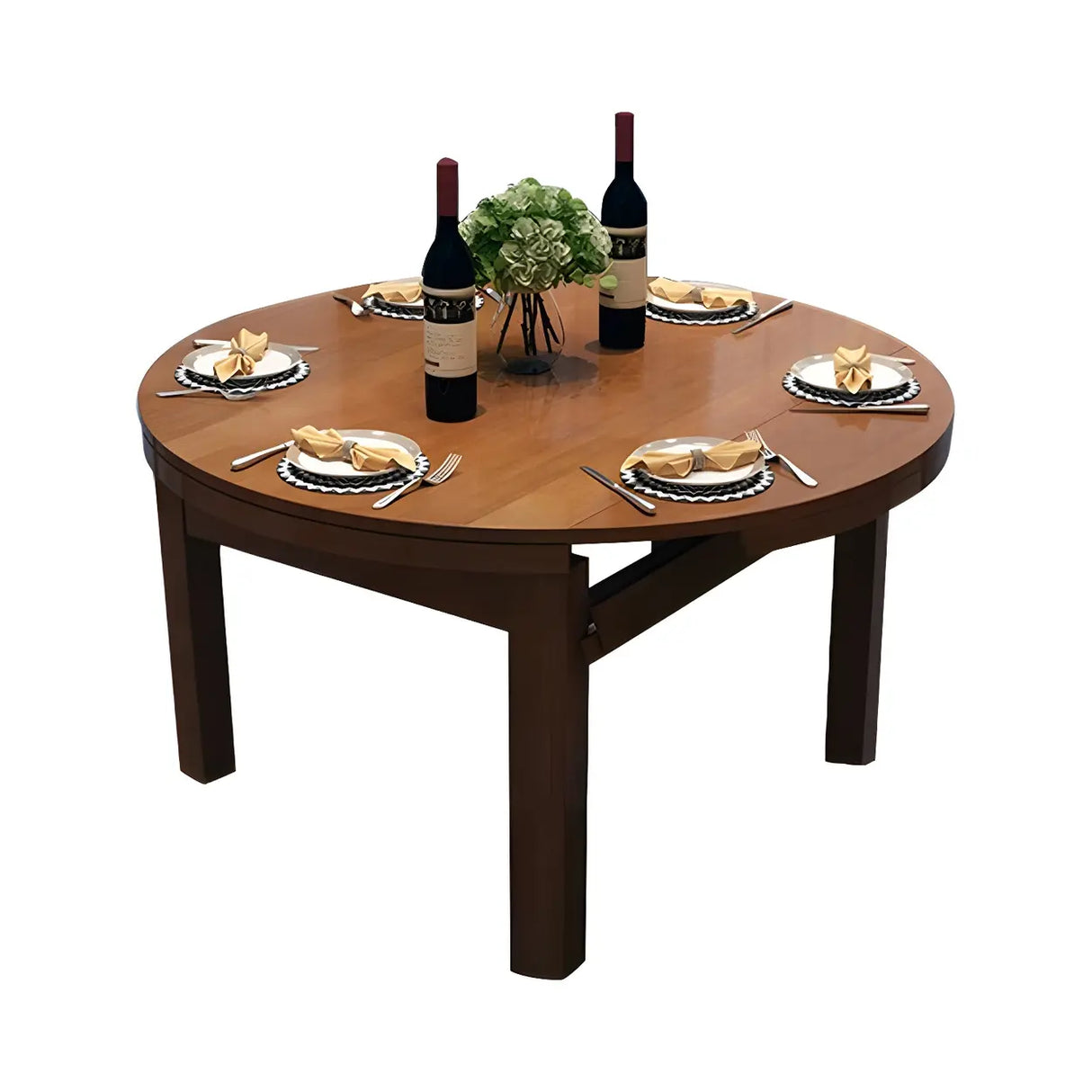 Traditional Round Rubberwood Dining Table Extendable Brown Image - 2