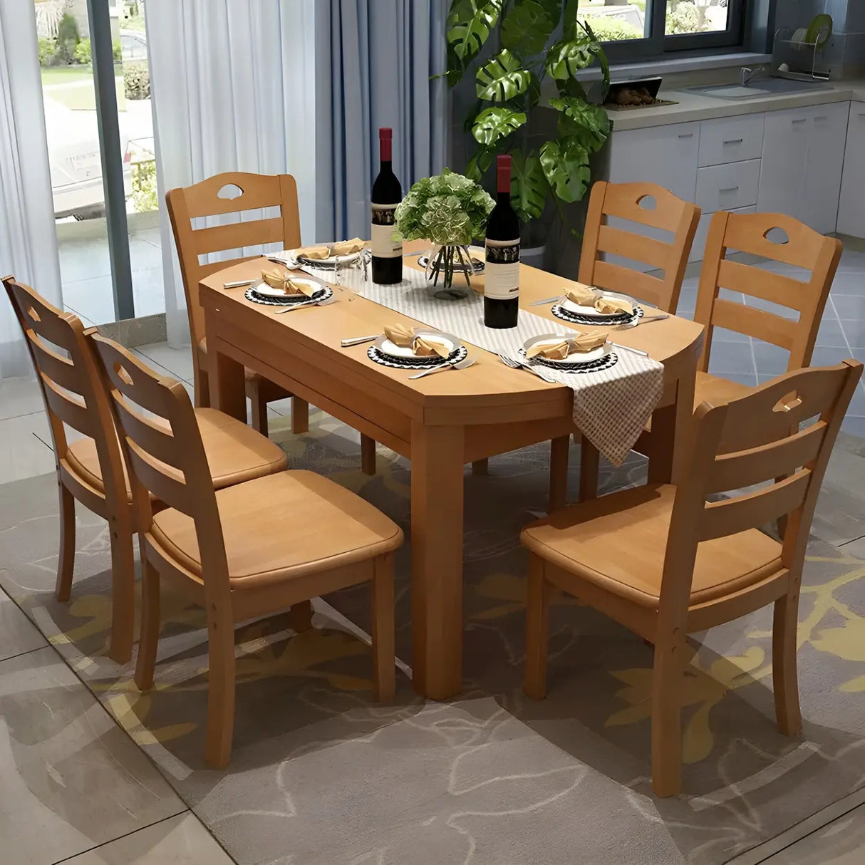 Traditional Round Rubberwood Dining Table Extendable Brown Image - 4