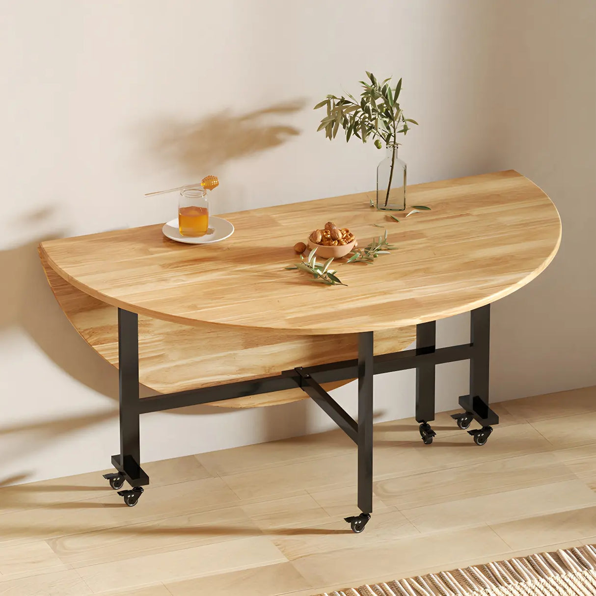 Traditional Round Wood Natural Drop Leaf Dining Table Image - 2