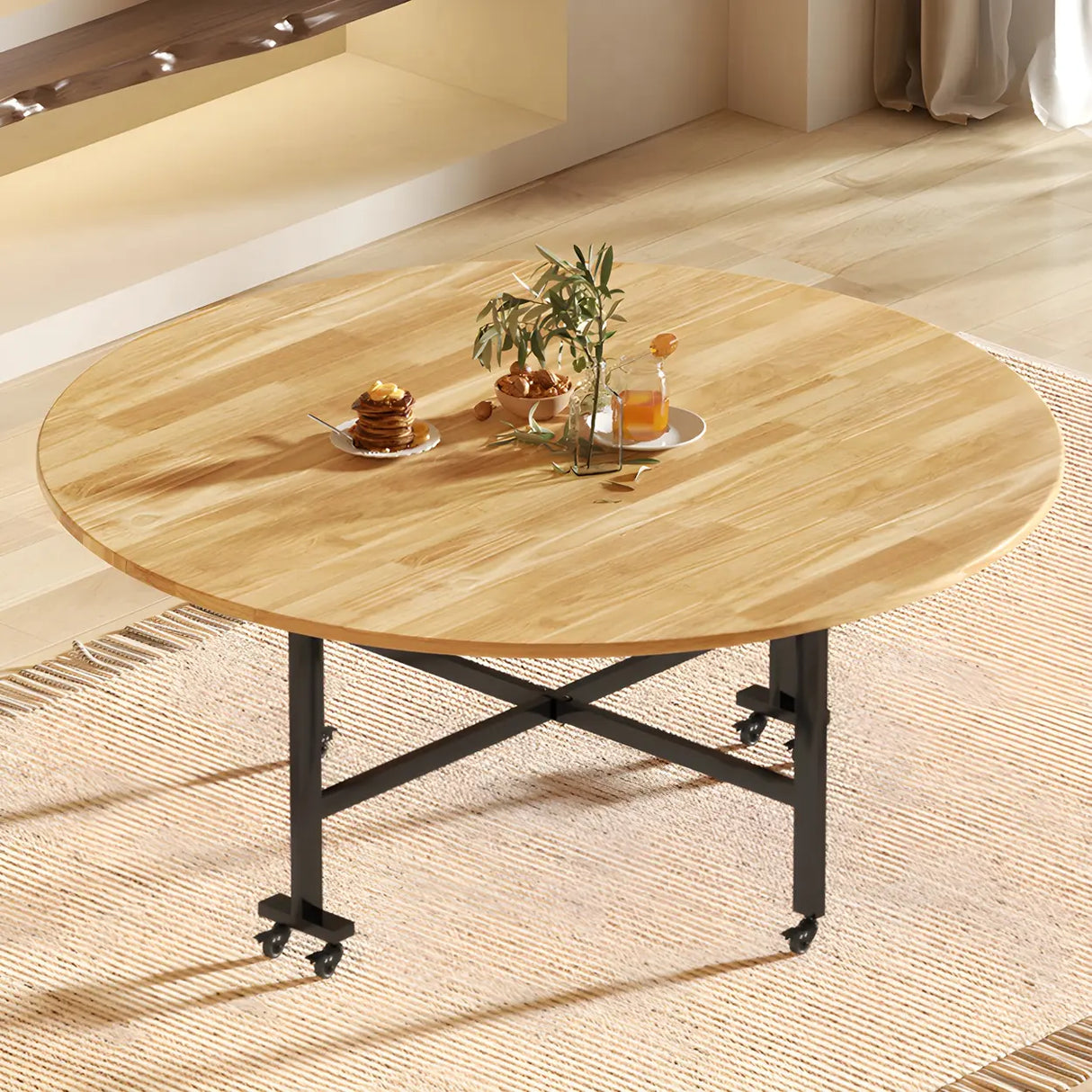 Traditional Round Wood Natural Drop Leaf Dining Table Image - 3