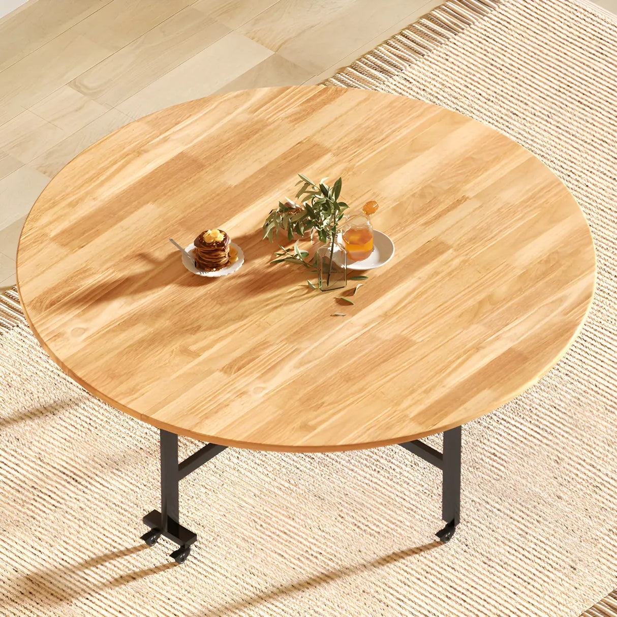 Traditional Round Wood Natural Drop Leaf Dining Table Image - 4