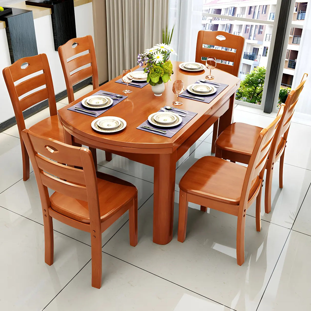 Traditional Round Wood Storing Leaf Extendable Dining Table Image - 3