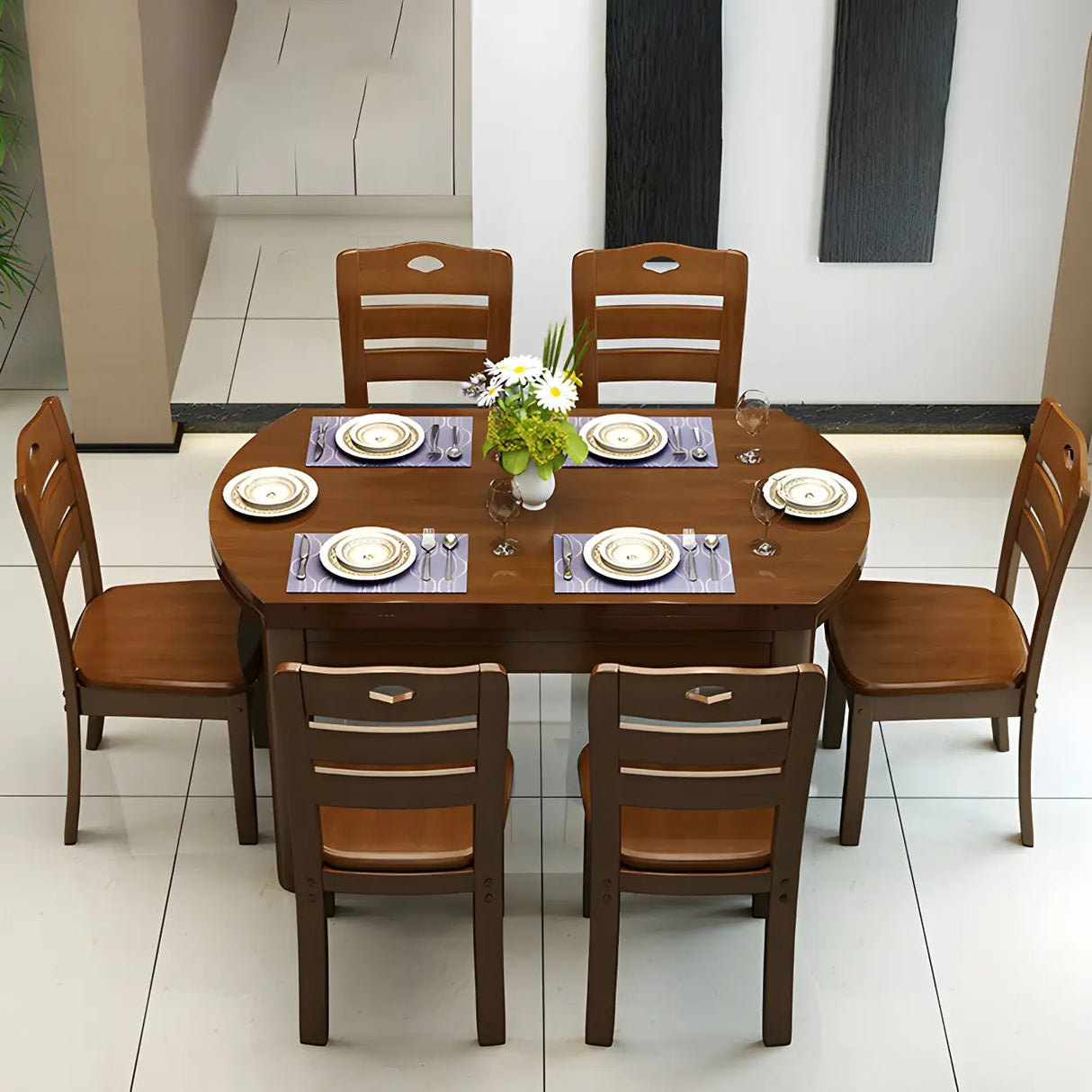 Traditional Round Wood Storing Leaf Extendable Dining Table Image - 4