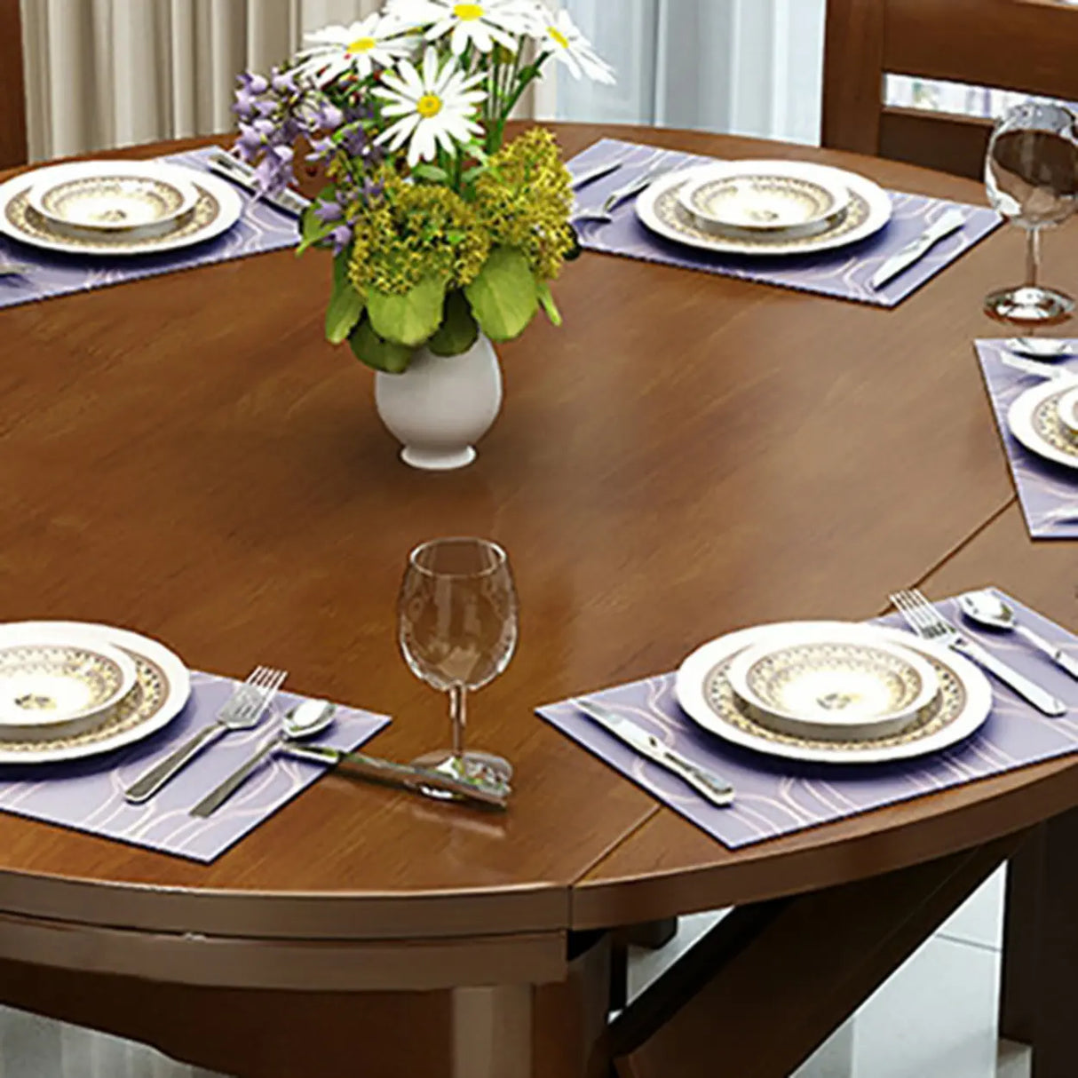 Traditional Round Wood Storing Leaf Extendable Dining Table Image - 6