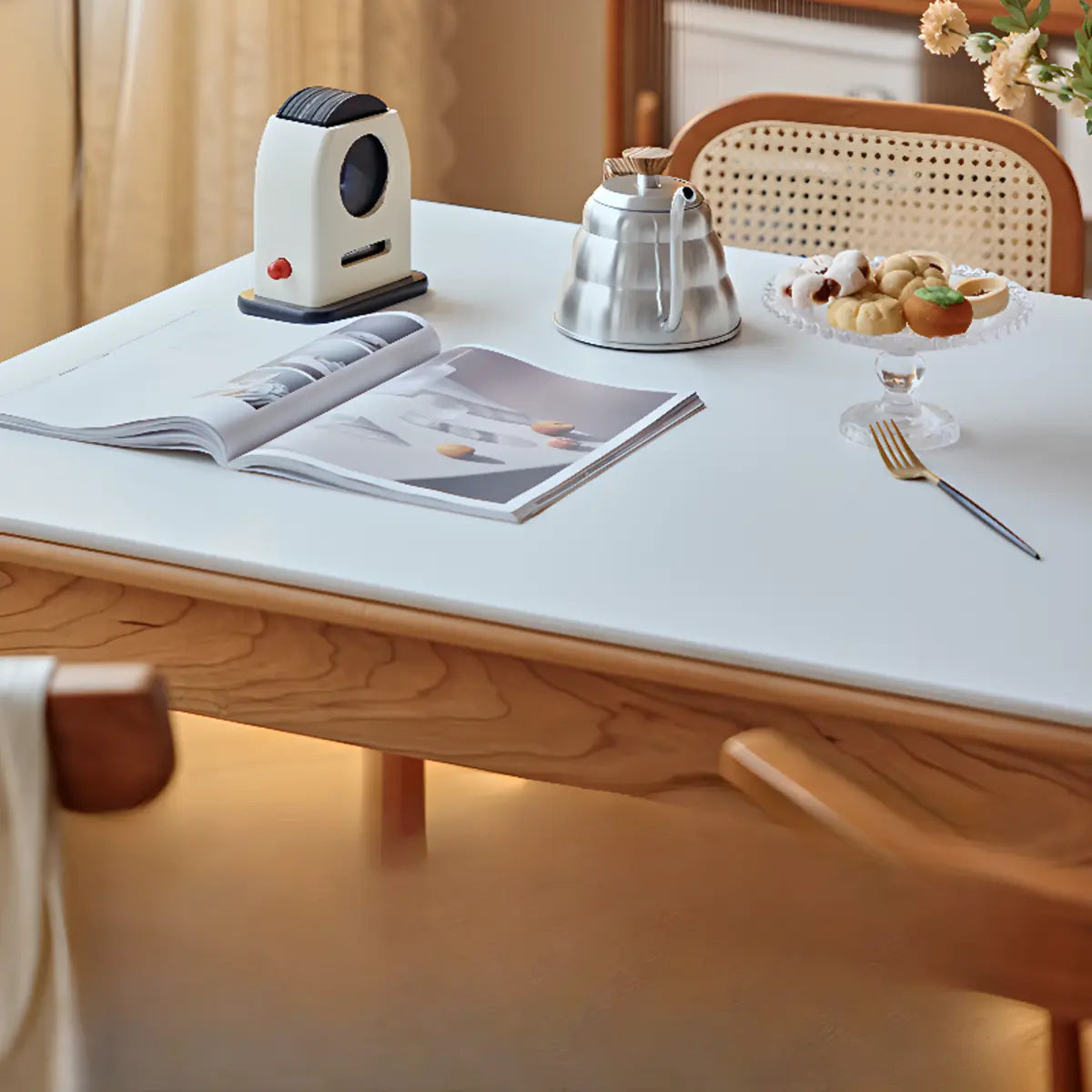 Traditional Simple Rectangle Wood Dining Table White Top Image - 7