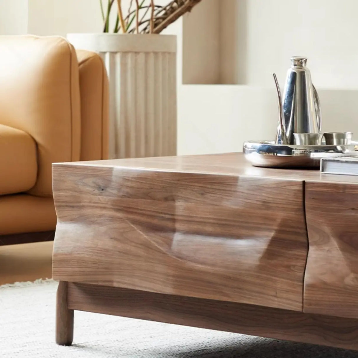 Traditional Solid Walnut Wood Coffee Table with Drawers Image - 6
