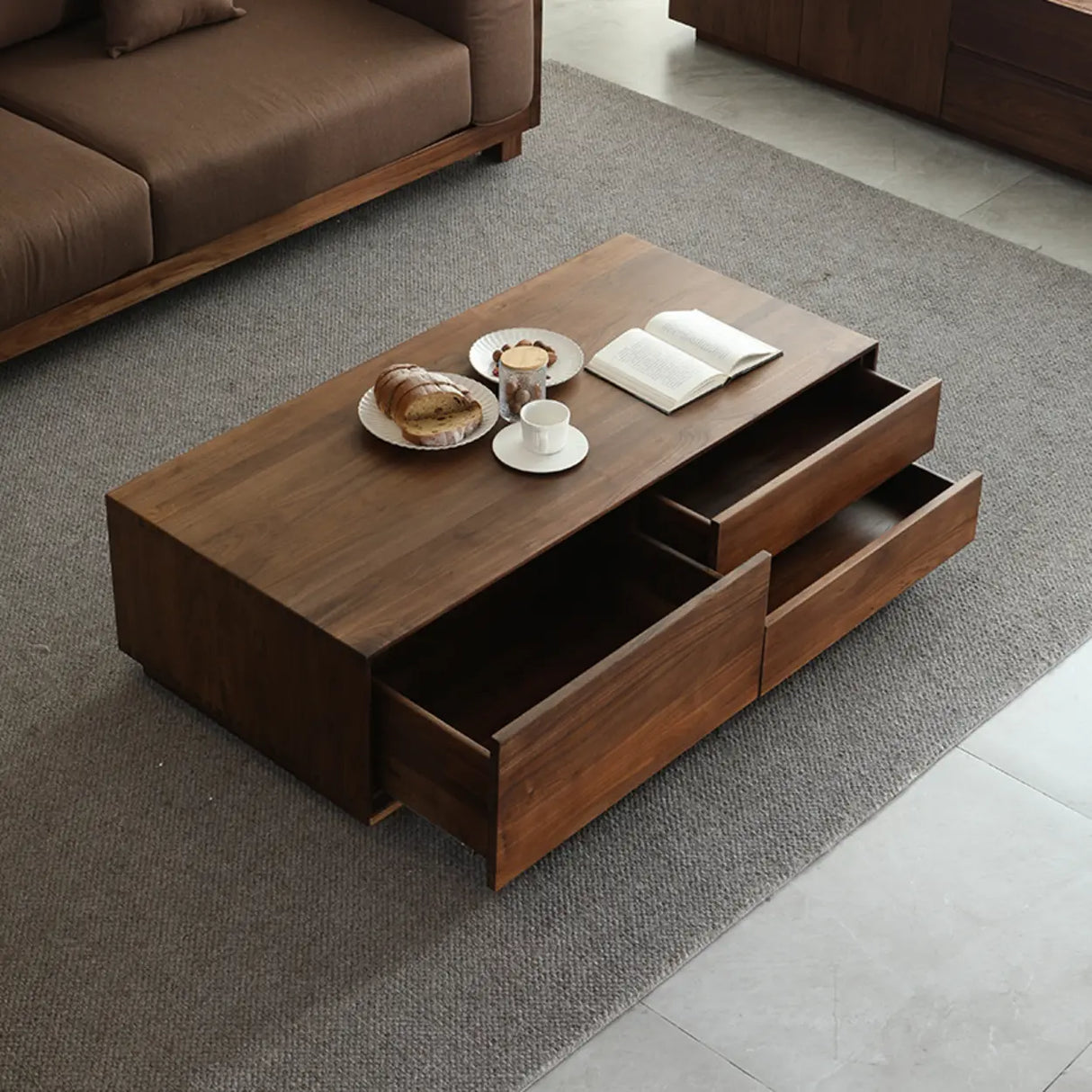 Traditional Solid Walnut Wood Rectangular Coffee Table Image - 3