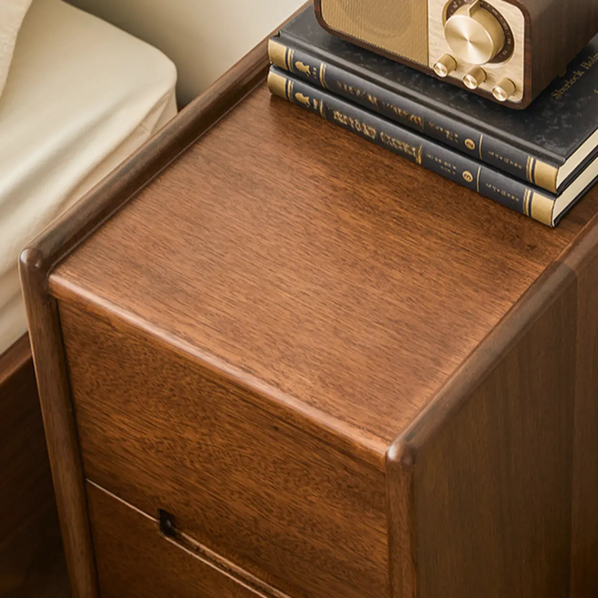 Traditional Walnut Slim Wood Nightstand with Drawers Image - 10