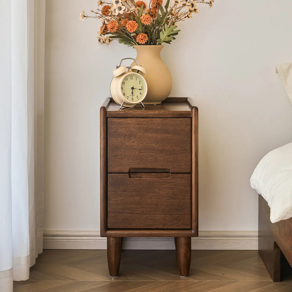 Traditional Walnut Slim Wood Nightstand with Drawers Image - 4