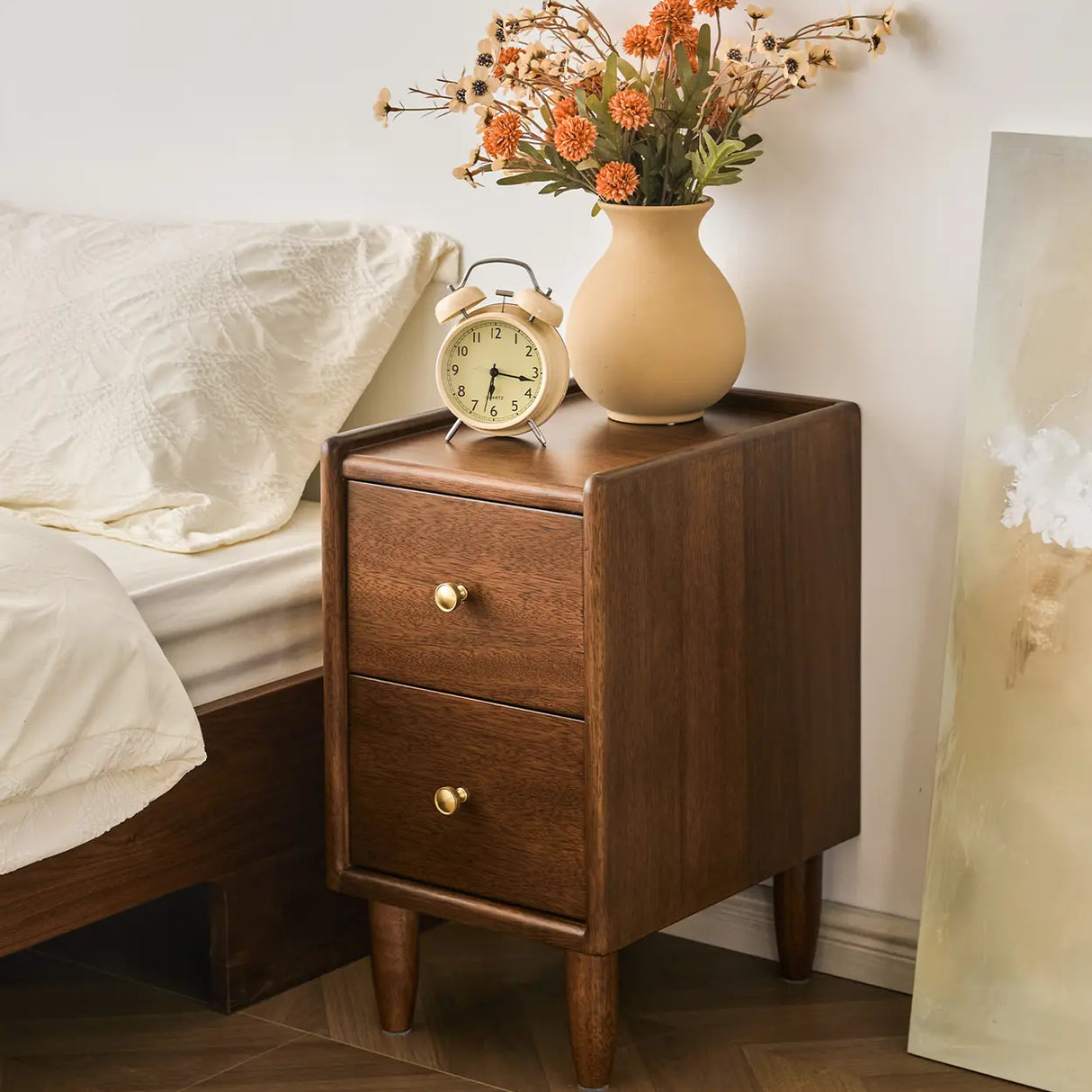 Traditional Walnut Slim Wood Nightstand with Drawers Image - 6