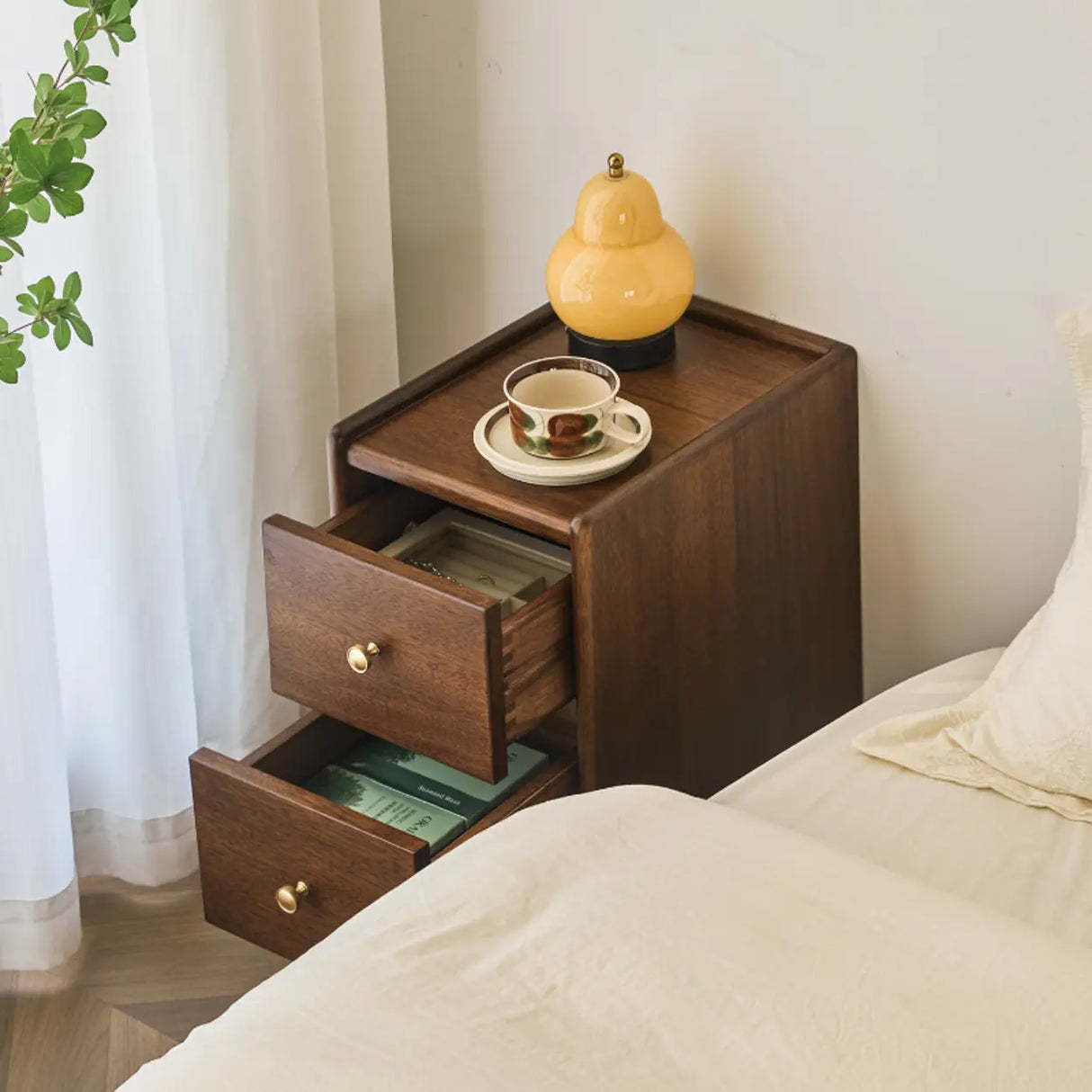 Traditional Walnut Slim Wood Nightstand with Drawers Image - 8
