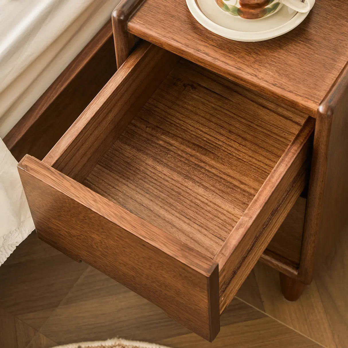 Traditional Walnut Slim Wood Nightstand with Drawers Image - 9
