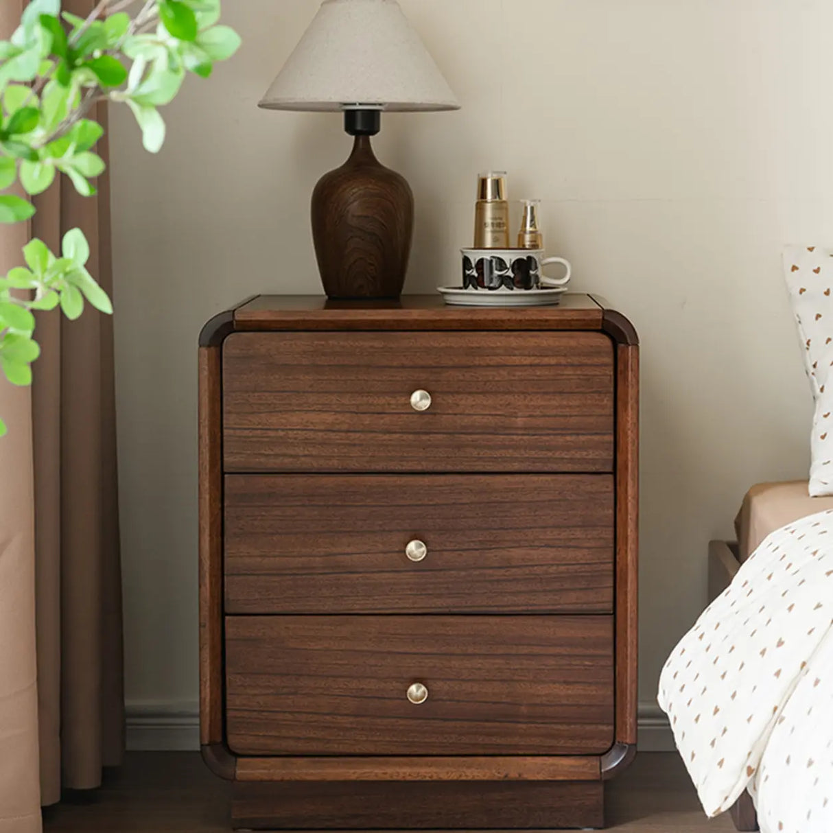 Traditional Walnut Wood Leg Narrow Nightstand with Drawers Image - 1