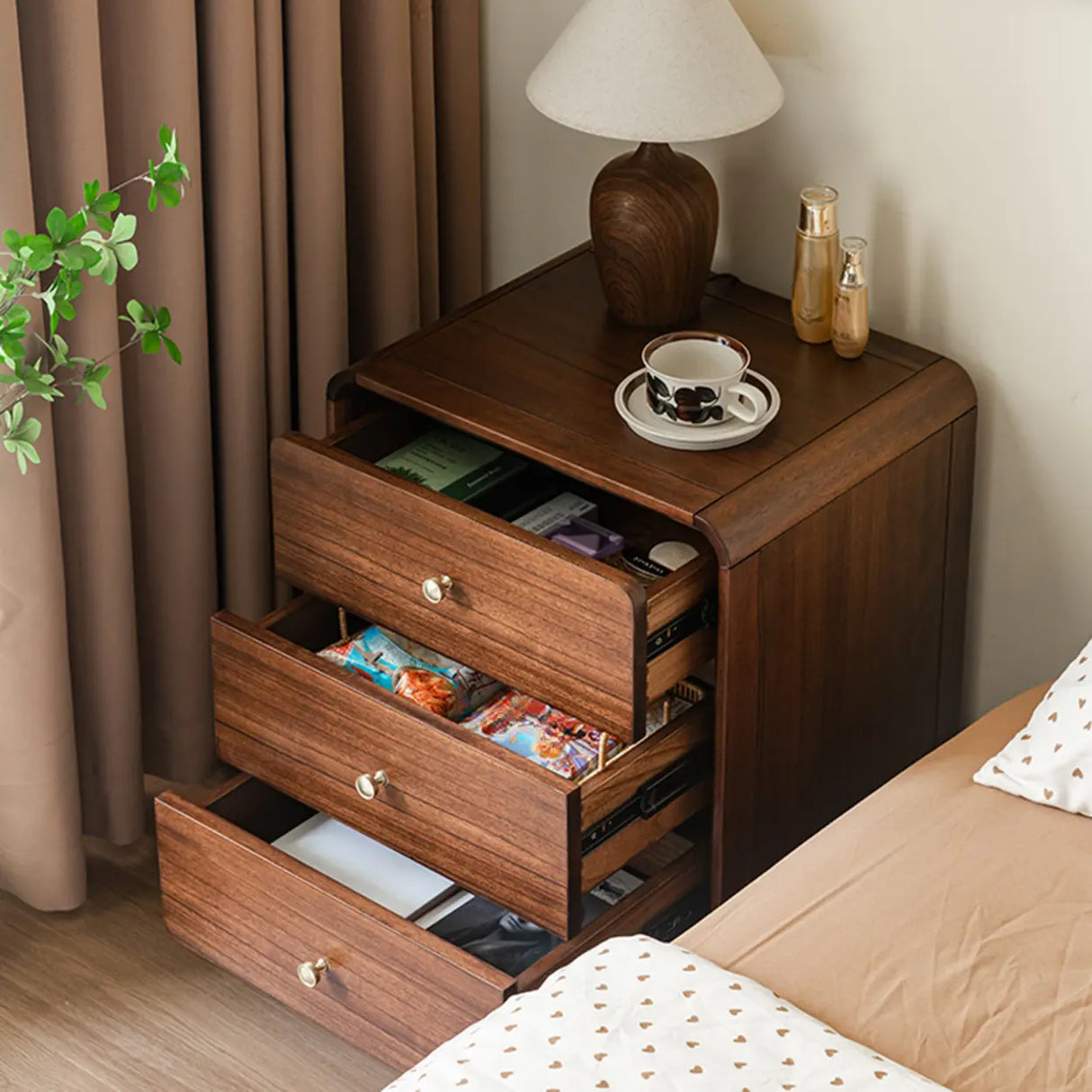 Traditional Walnut Wood Leg Narrow Nightstand with Drawers Image - 6
