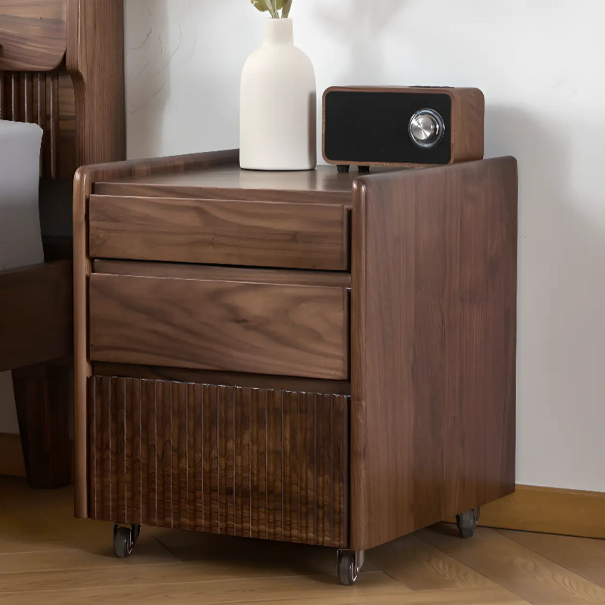 Traditional Walnut Wood Nightstand with Drawers and Casters Image - 3