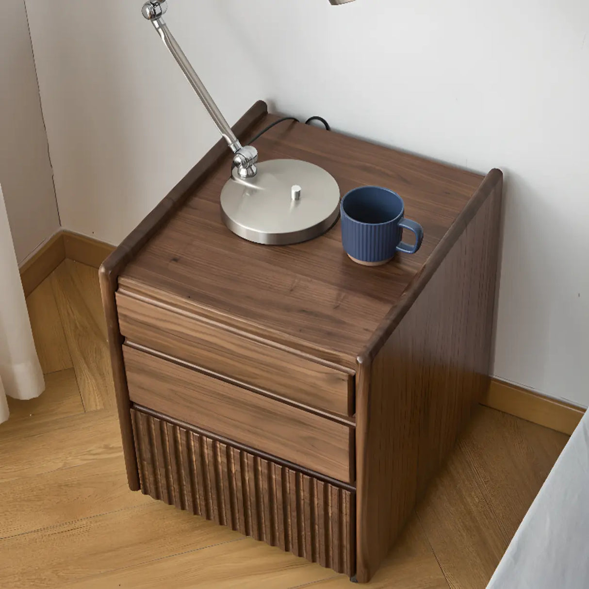 Traditional Walnut Wood Nightstand with Drawers and Casters Image - 4