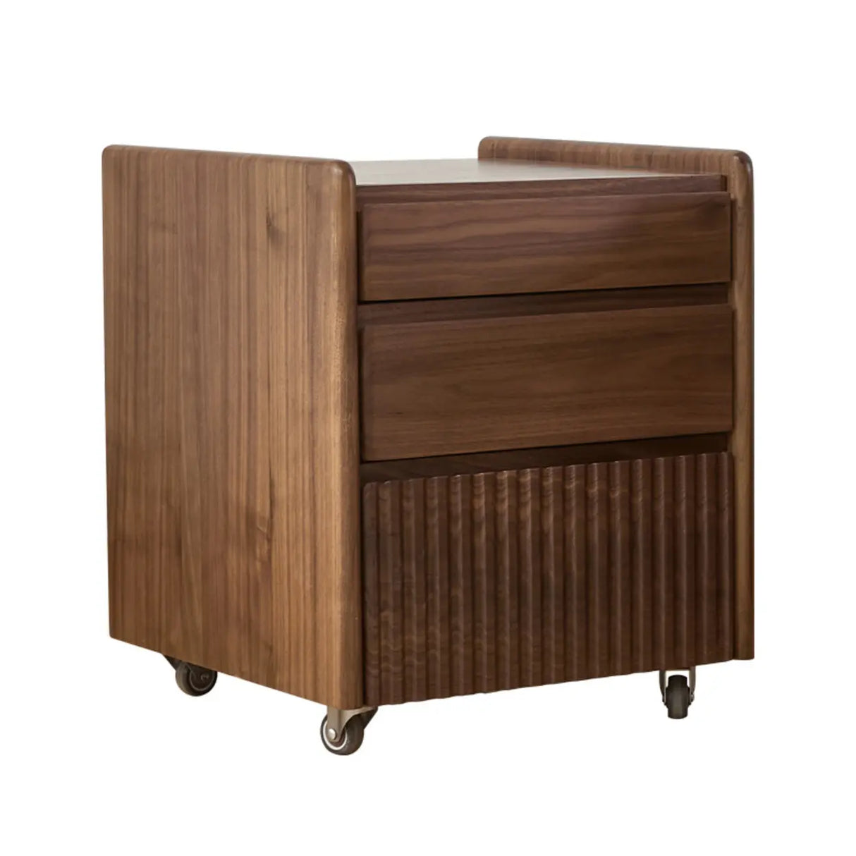Traditional Walnut Wood Nightstand with Drawers and Casters Image - 5