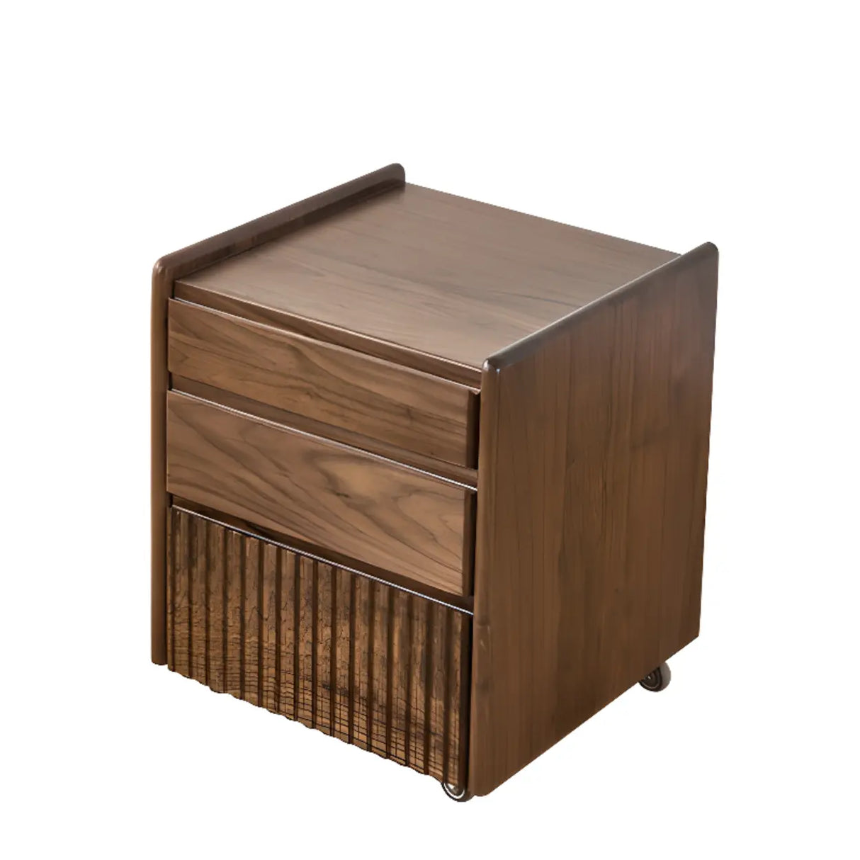 Traditional Walnut Wood Nightstand with Drawers and Casters Image - 6