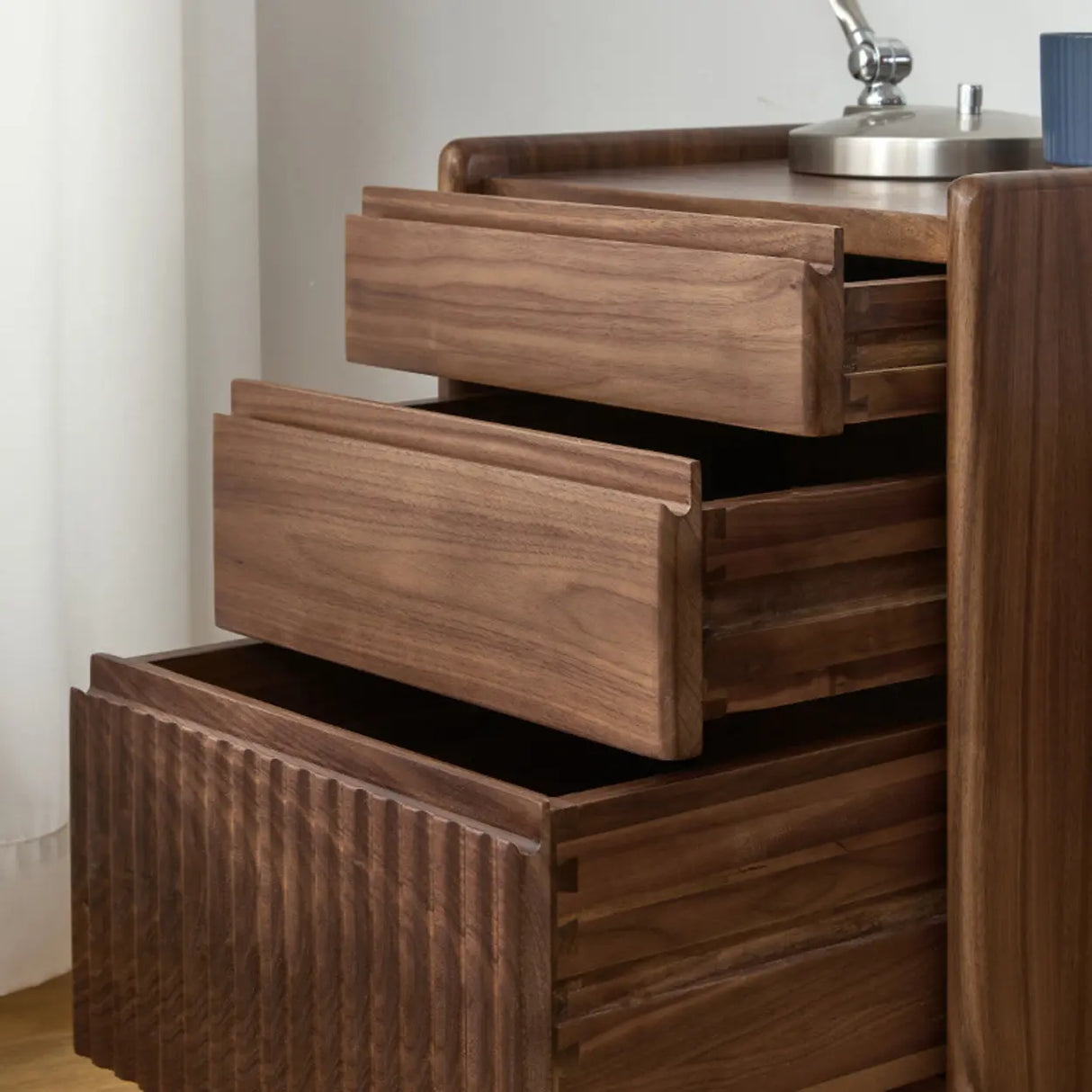 Traditional Walnut Wood Nightstand with Drawers and Casters Image - 7