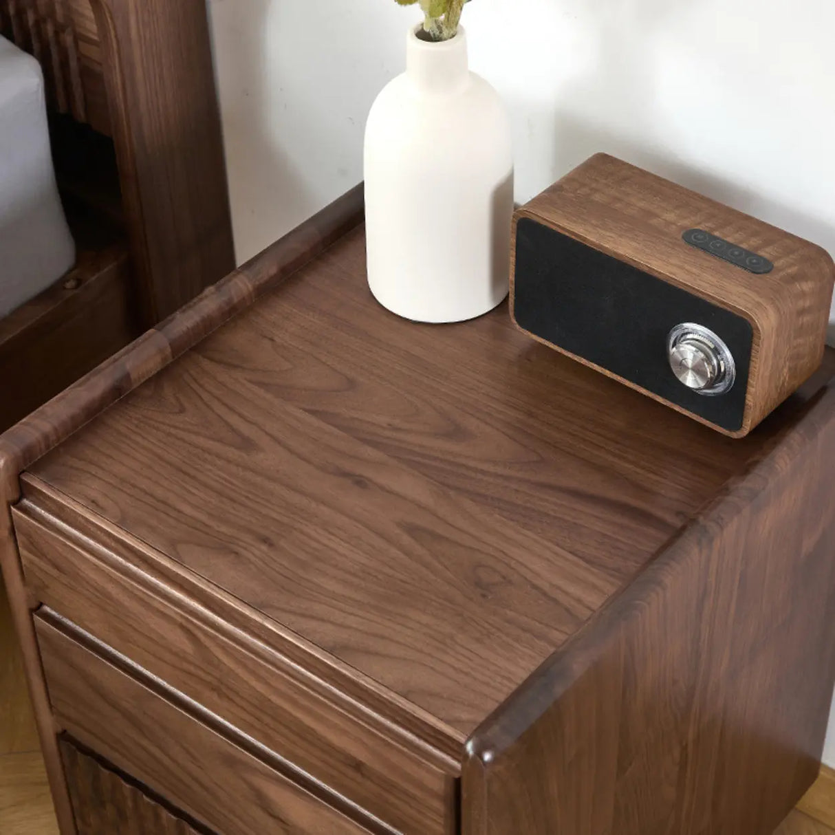 Traditional Walnut Wood Nightstand with Drawers and Casters Image - 8