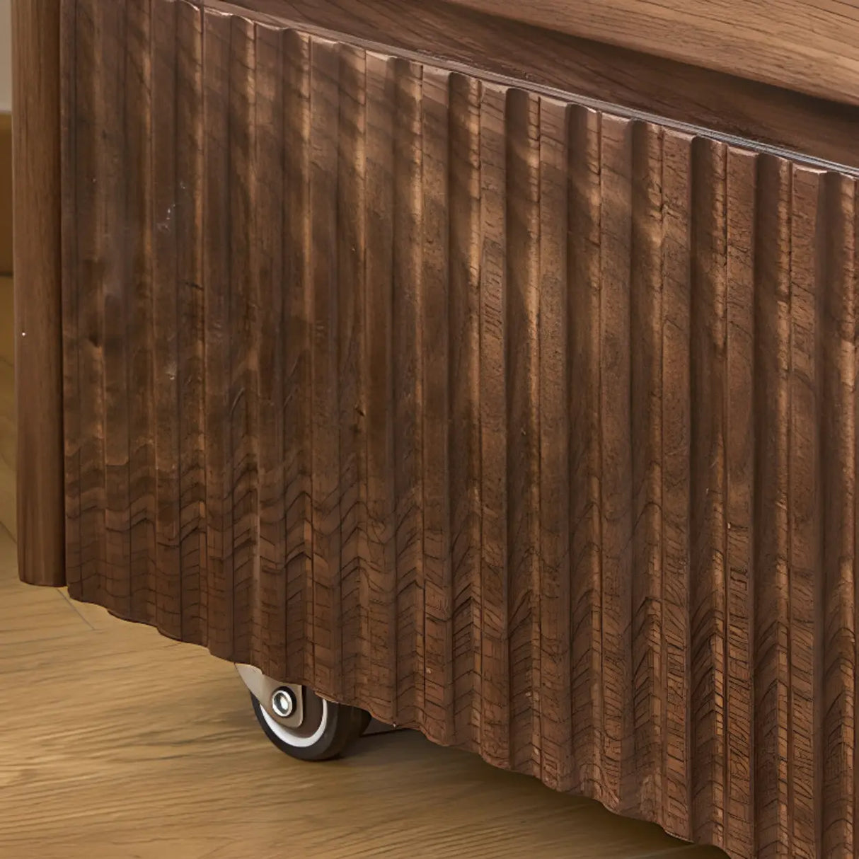 Traditional Walnut Wood Nightstand with Drawers and Casters Image - 9