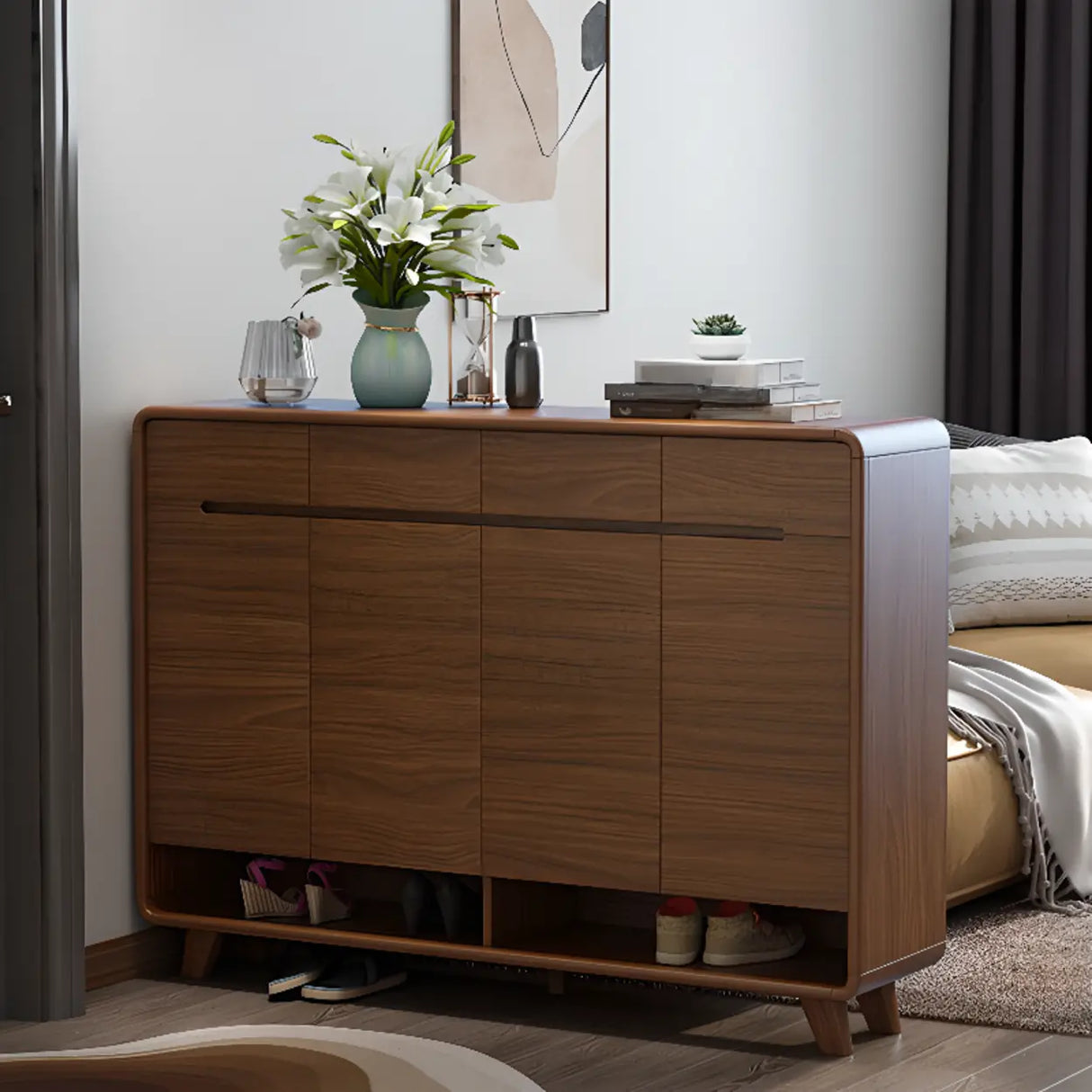 Traditional Wooden Entryway Brown Cabinet Shoe Storage Image - 31