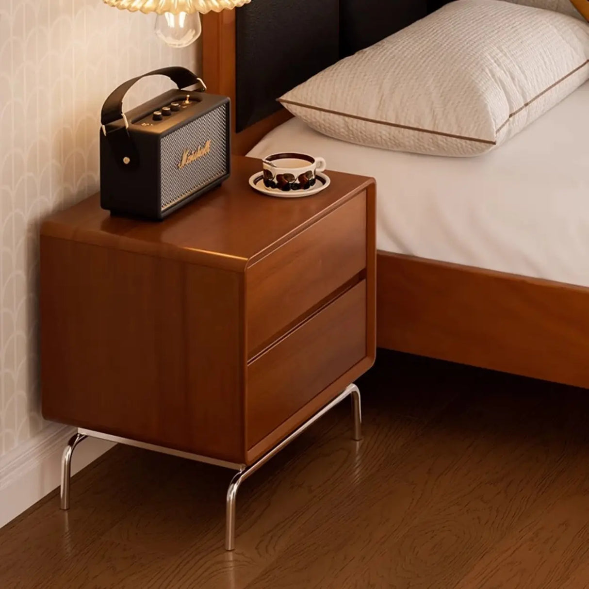 Traditional Wooden Nightstand with Drawers and Metal Legs Image - 4