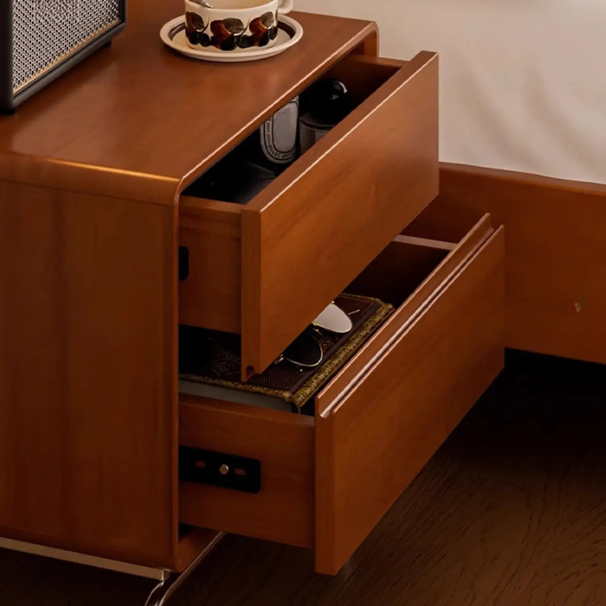 Traditional Wooden Nightstand with Drawers and Metal Legs Image - 5