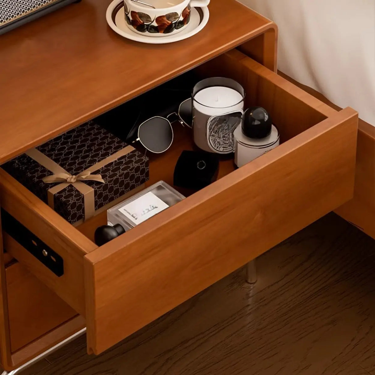 Traditional Wooden Nightstand with Drawers and Metal Legs Image - 6