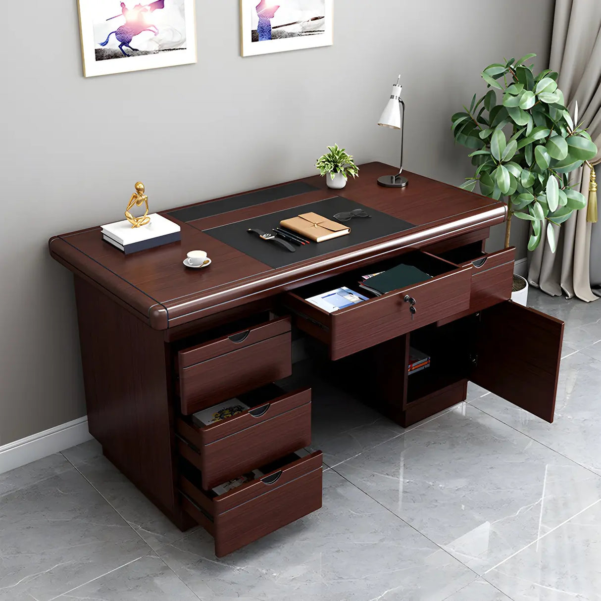 Traditional Wooden Sled Writing Desk with Cabinet Image - 1