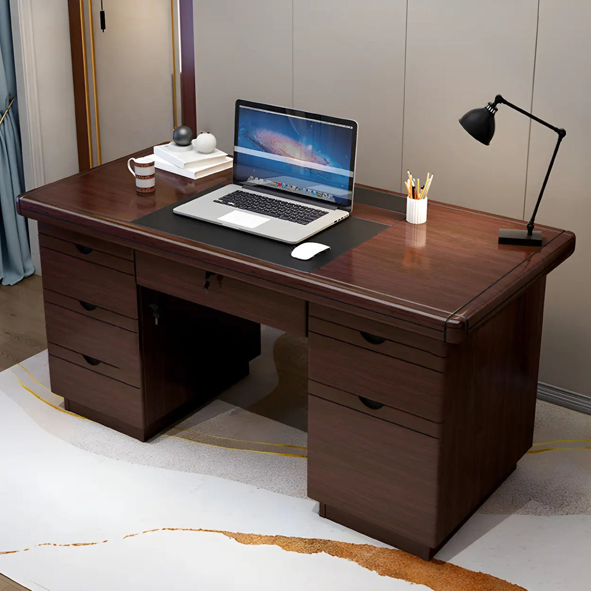 Traditional Wooden Sled Writing Desk with Cabinet Image - 11