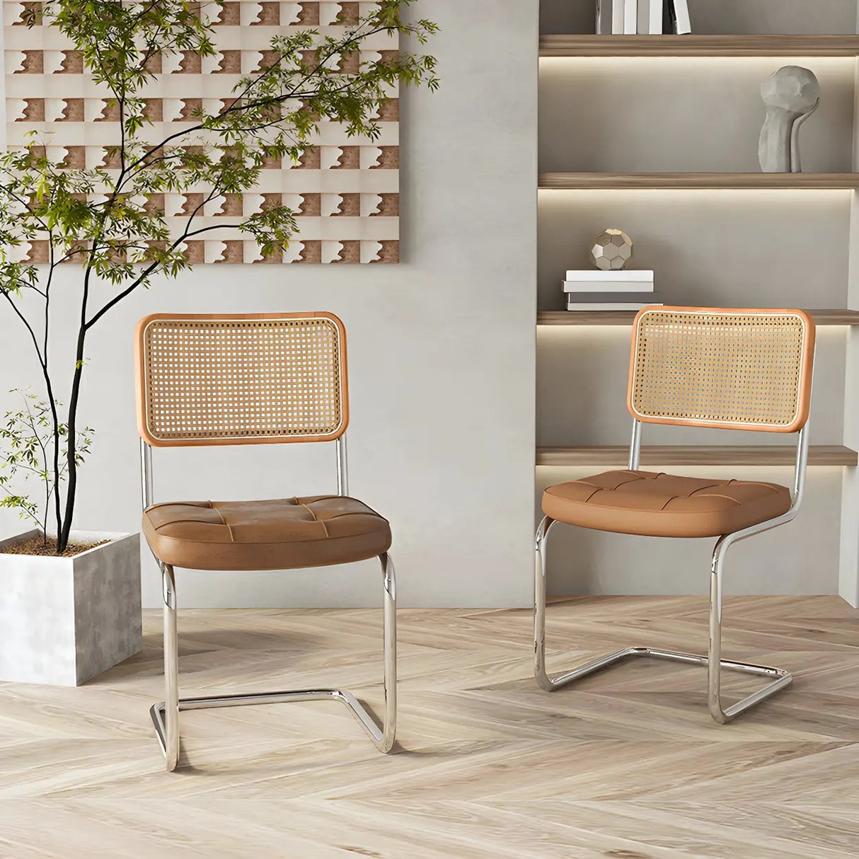 Transitional Faux Leather Dining Chair with Cane Back Image - 1