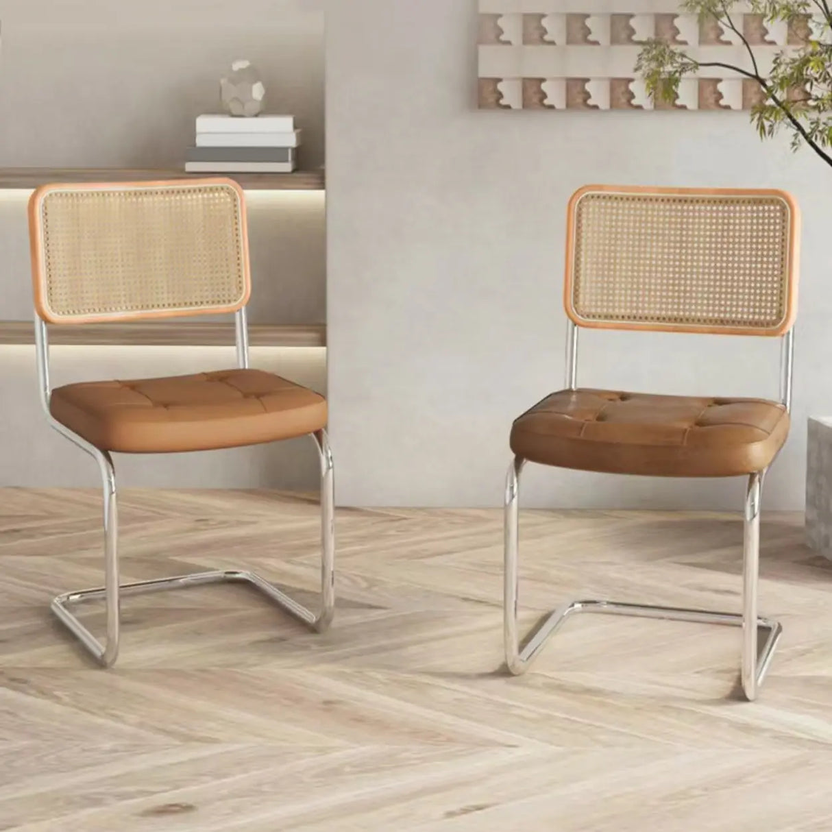 Transitional Faux Leather Dining Chair with Cane Back Image - 20