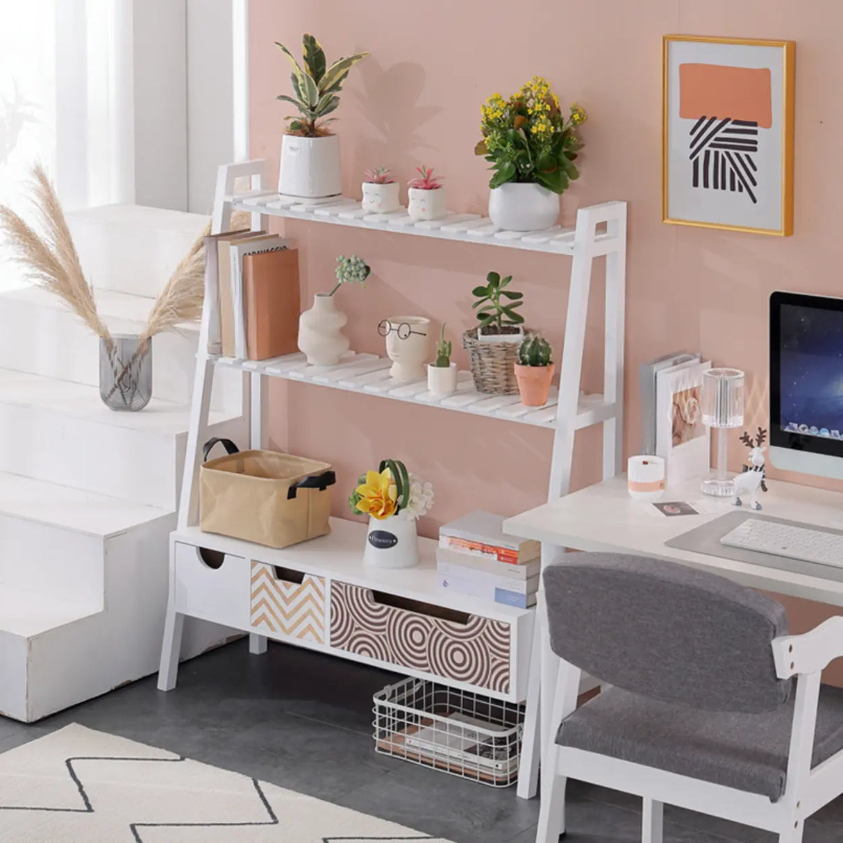 Trapezoid Wood Drawers 3 Tier Floor Storage Plant Stand Image - 22