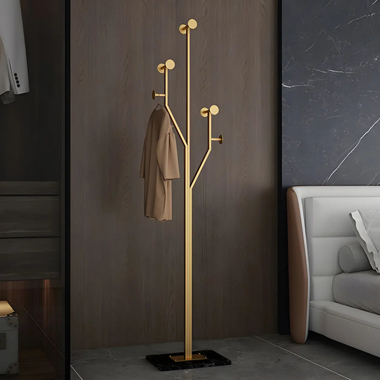 Tree Gold Tall Entryway Freestanding Coat Rack with Hooks Image - 11
