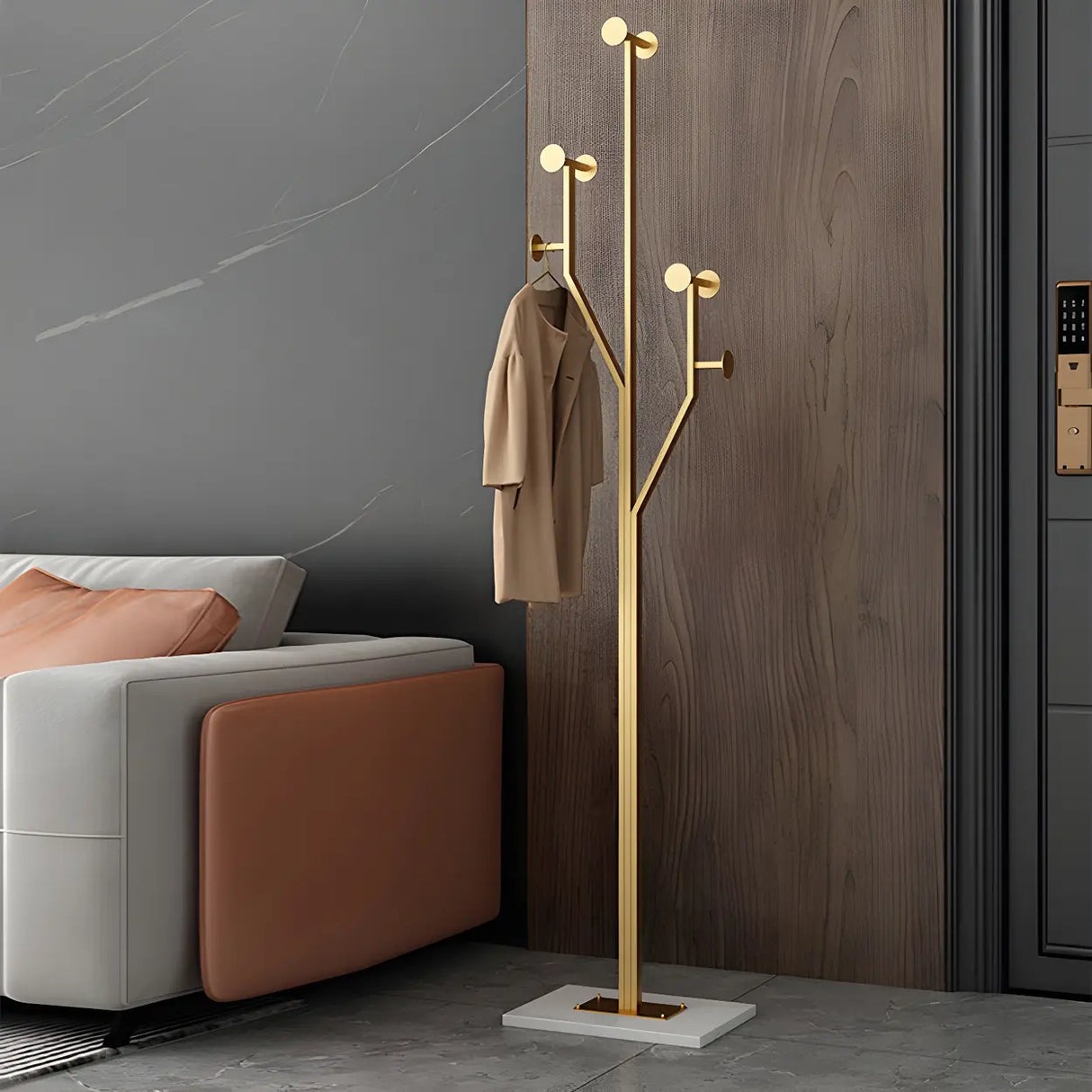 Tree Gold Tall Entryway Freestanding Coat Rack with Hooks Image - 15