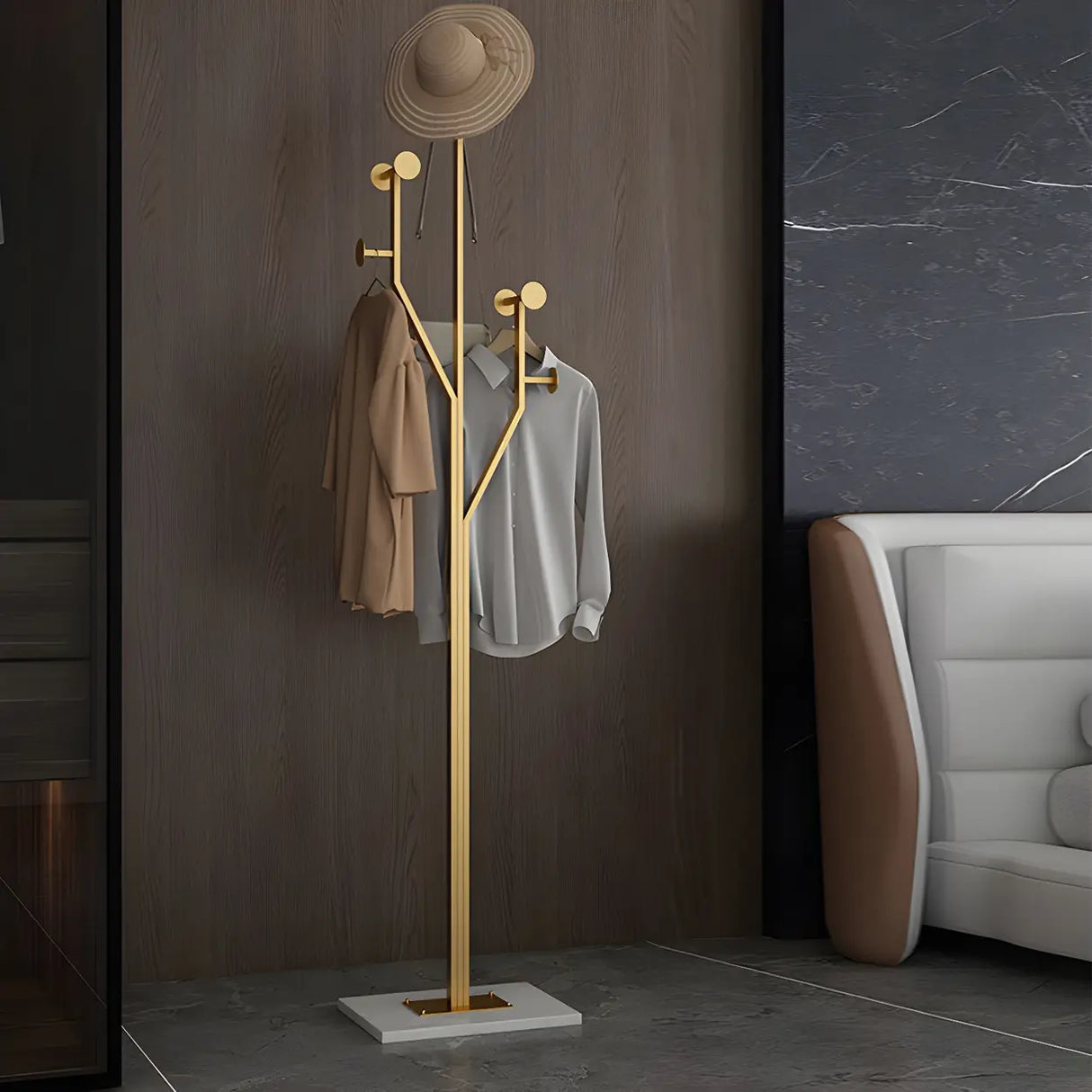Tree Gold Tall Entryway Freestanding Coat Rack with Hooks Image - 3