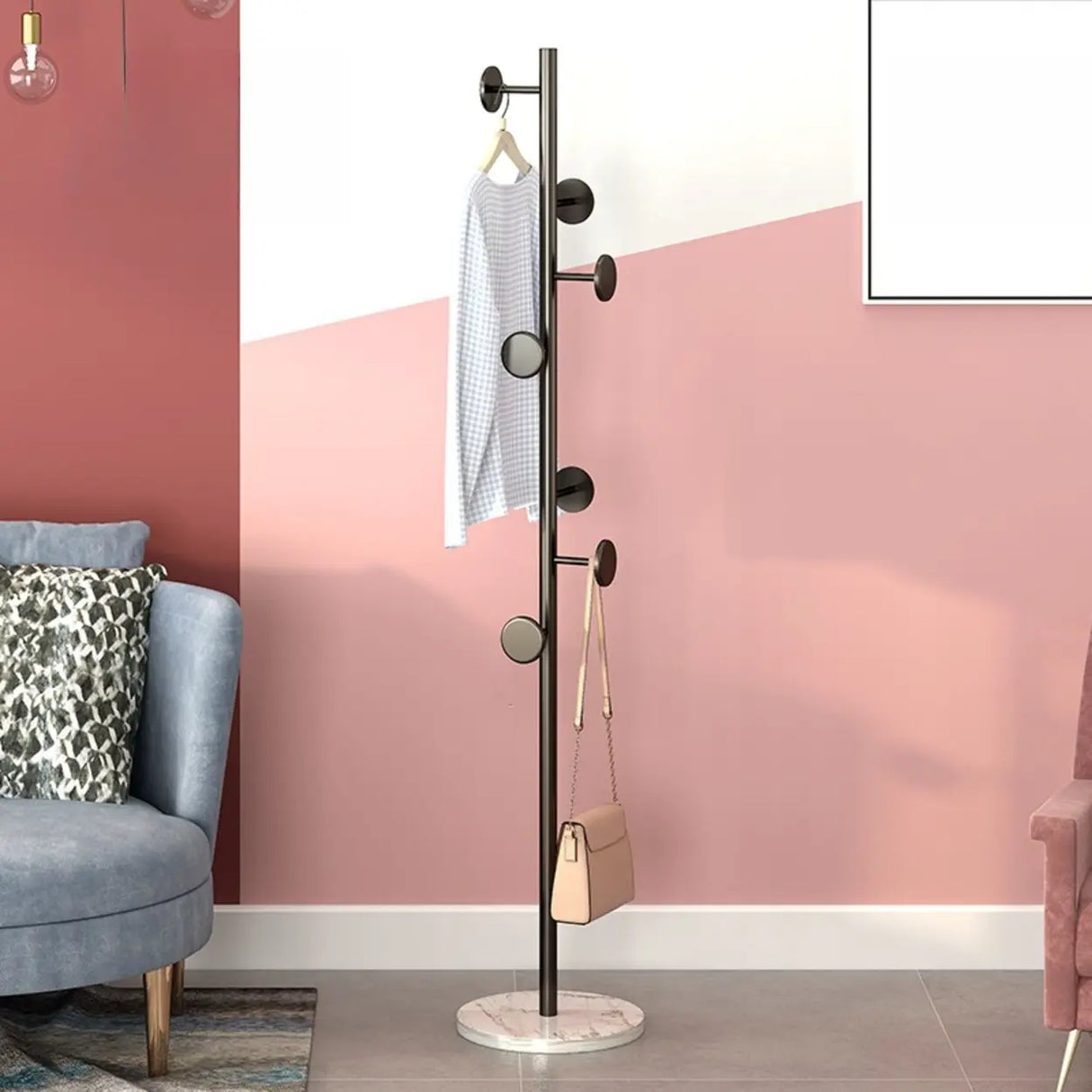 Tree-Shaped Gold Alloy Hooks Coat Rack with Marble Base Image - 10