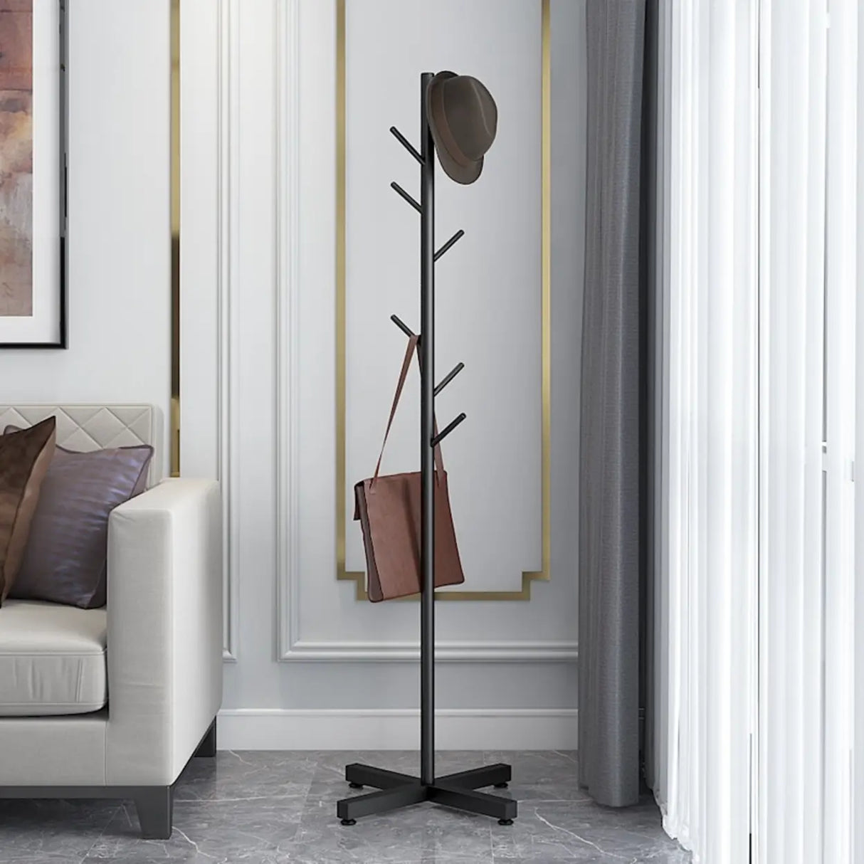 Tree-Shaped Gold Alloy Hooks Coat Rack with Marble Base Image - 4