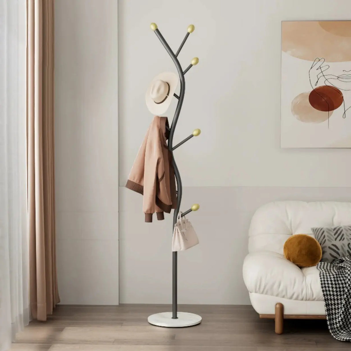 Tree-Shaped Gold Metal Freestanding Coat Rack with Hooks Image - 12